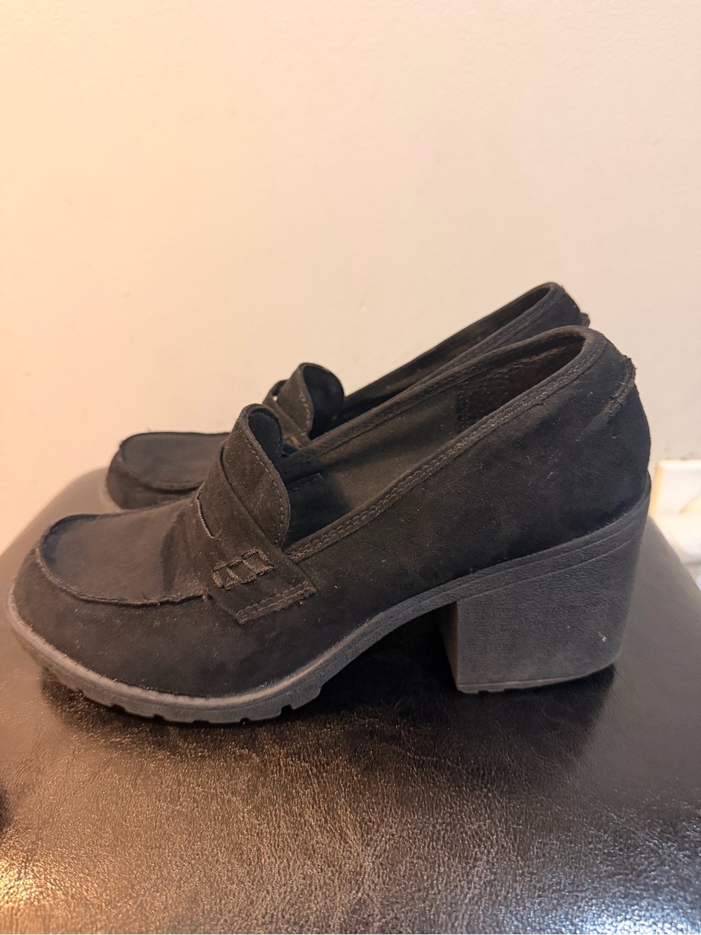 Sun + Stone Women’s Black Suede Block Heel Loafers